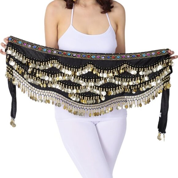 Women's Triangular Belly Dance Hip Scarf Wrap Black Skirts with Gold Coins - Picture 3 of 4